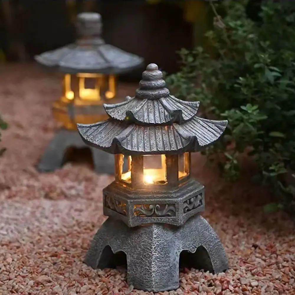 Decorazione Zen Ornaments Solar Powered Tower Garden Statue Palace lanterne lampada solare cinese Stone Courtyard Pagoda Lantern