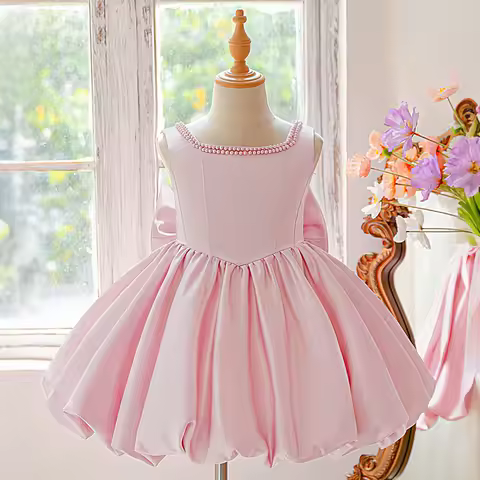 Big Bow Tutu Party Dress for Girls Elegant Pink Lolita Birthday Baptism Princess Dress Kids Wedding Bridesmaid Evening Prom Gown