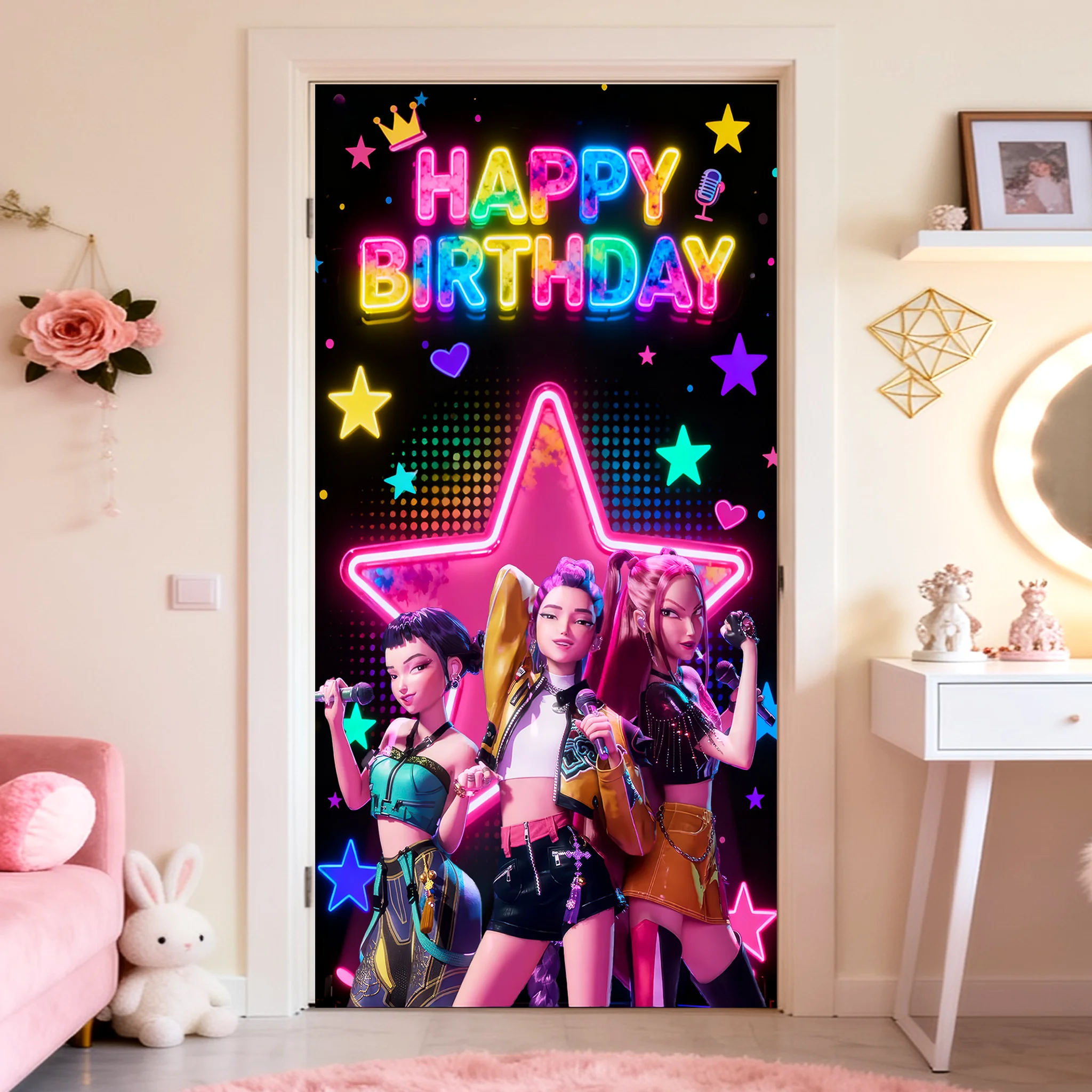 

HUNTR X Theme birthday background door cover banner girl group sing K POP music decoration combination Demon Hunters backdrop