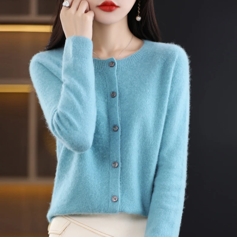 2024Spring and Autumn  New 100% pure merino cashmere sweater women\'s O-neck cardigan loose long-sleeved sweater top