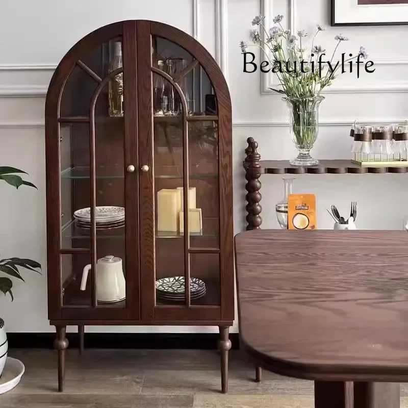 French retro solid wood glass dining side cabinet, living room integrated against the wall, high-end arched wine cabinet