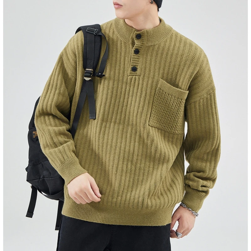 Retro Solid Half Open Neck Sweater Men's Autumn Winter New Loose Tide Heavyweight Knit Sweater Button Warm Soft