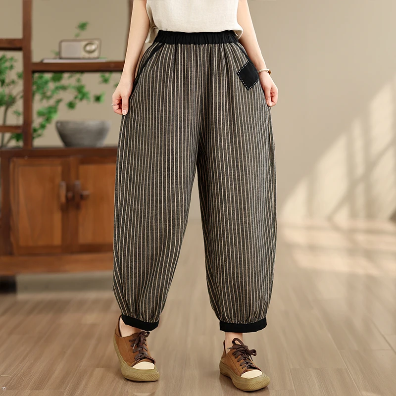 New Casual Stripe Thin Large Size Harlan Pants Color Block Nine Points Loose Elastic Waist Thin Cotton Linen Blend Wide Leg P...