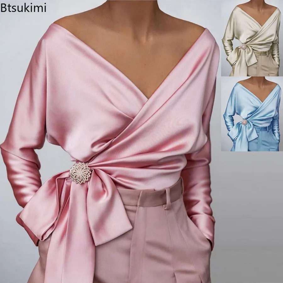 

2024 Fashionable Elegant Women's Long-sleeved Blouses Solid Color Sexy Slash Neck Off Shoulder Lacp-up Tops Chic Women Clothing