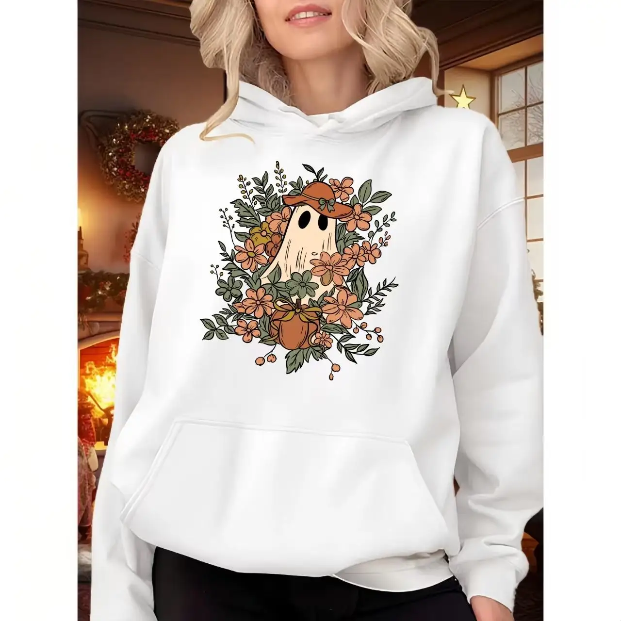 

Ghost in Cowboy Hat Hoodie, Women's Floral Halloween Sweatshirt, Cottagecore Spooky Pullover, Aesthetic Fall Graphic Top