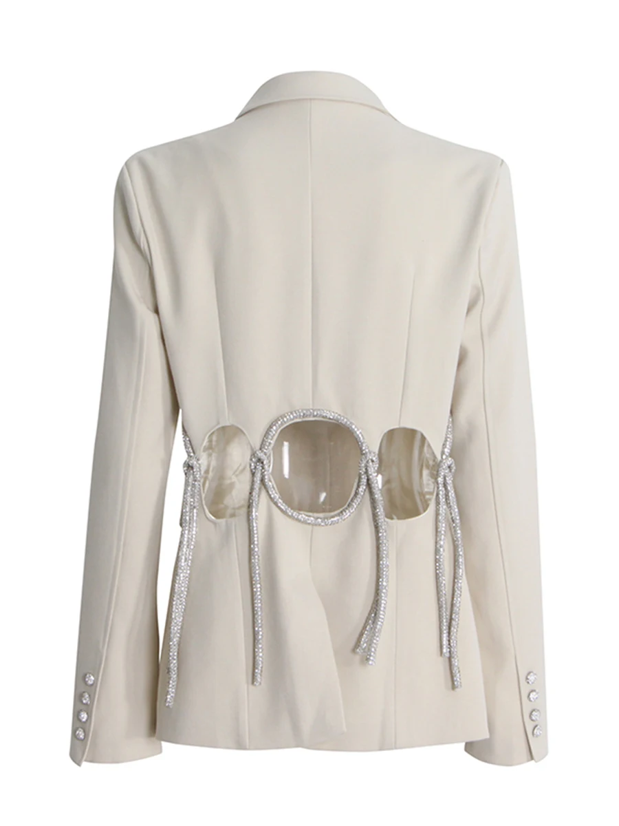 CHICEVER, chaquetas con agujeros laterales y lentejuelas de retales para mujer, cuello con muescas, manga larga, bolsillos empalmados, chaqueta tipo túnica para mujer, nuevo