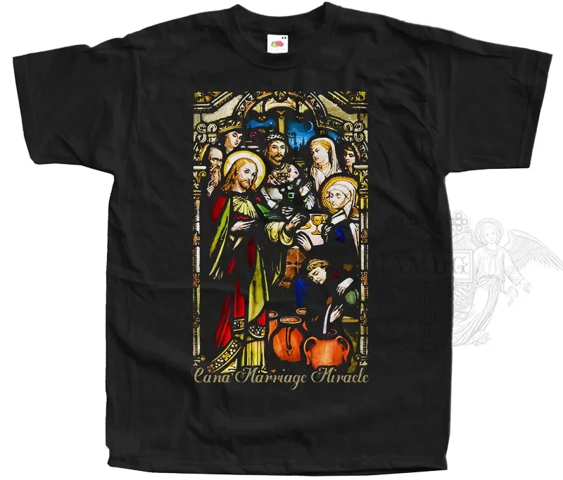T-shirt catholique Cana mariage Miracle jésus notre dame t-shirt en vitrail noir