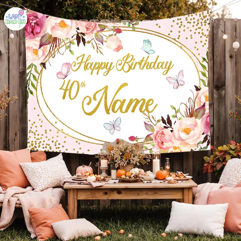 

Flower Birthday Backdrop Decorations Girl Birthday Background Party Kids Birthday Banner Custom Name Photography 50th 40th 30th