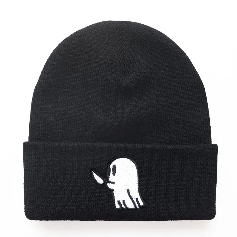 5 Colors Creative Design Ghost with Knife Embroidery Autumn Winter Beanies Skull Hat Hip Hop Crimping Keep Warm Cold Caps W174