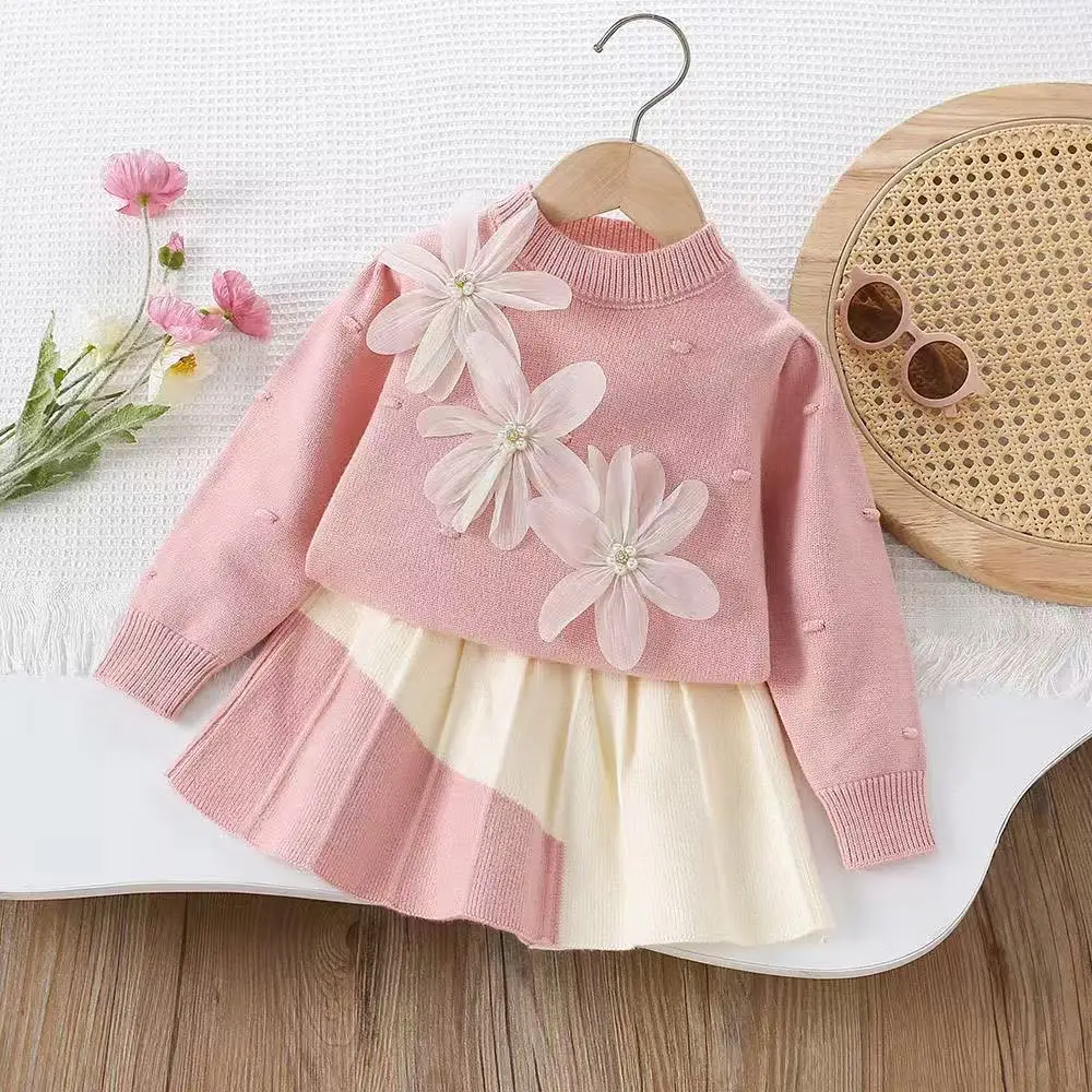 

Girls' Sweater Set Autumn And Winter 2025 New Children's Flower Solid Color Knitted Top+Short Skirt Two Piece Set 90-130CM
