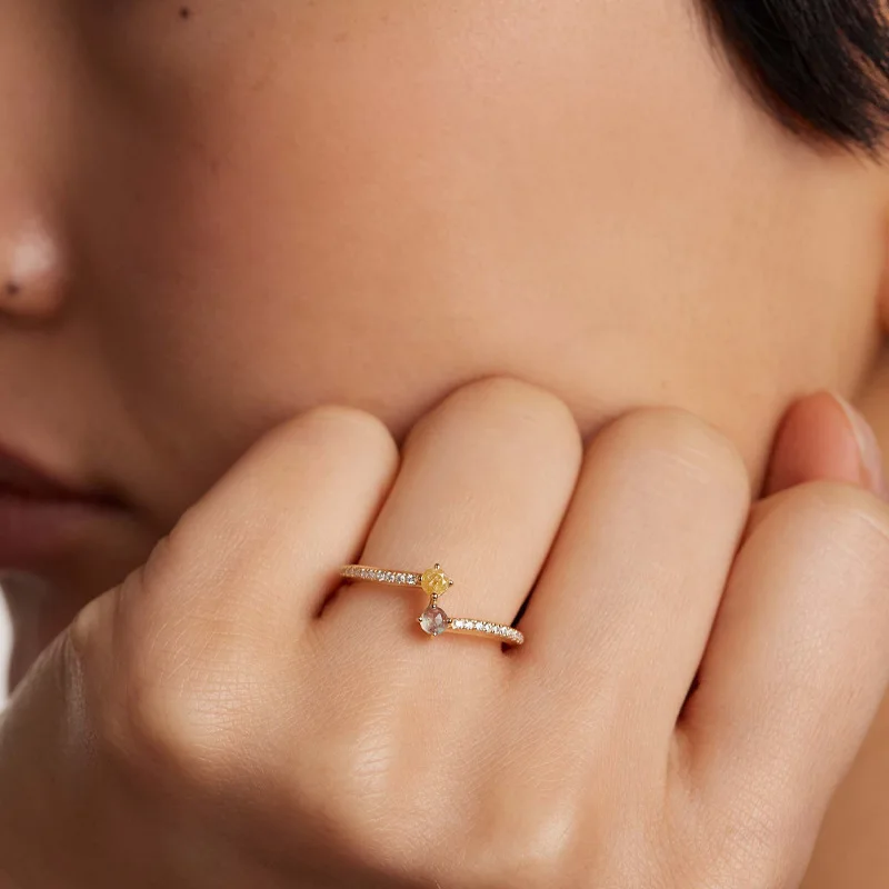 F.I.N.S 925 Sterling Silver 18K Gold-Plated Luxury Exquisite You-And-Me Ring Yellow Iced Zirconia and Labradorite Finger Jewelry