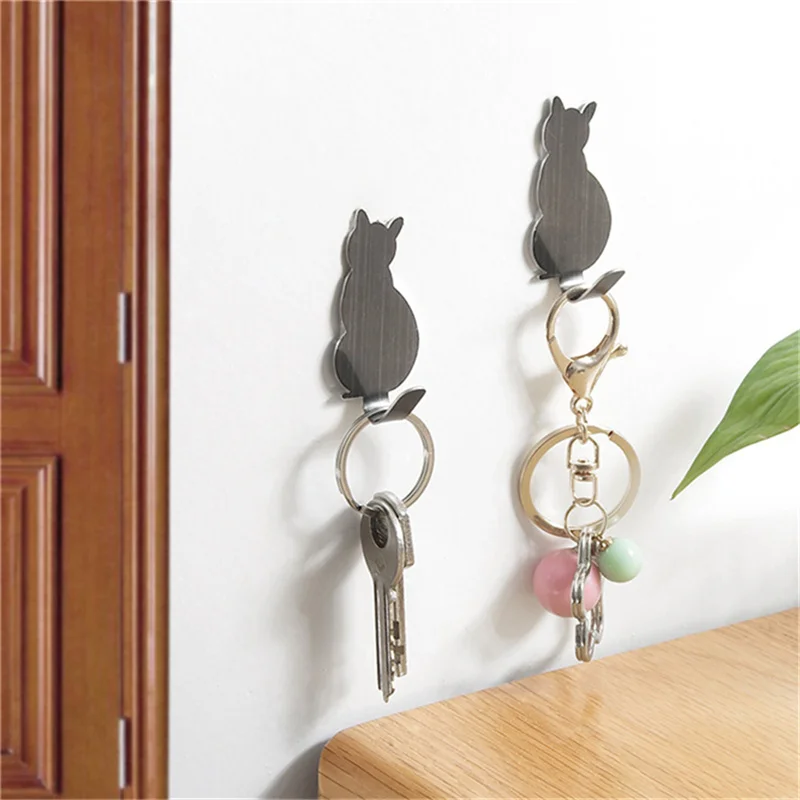 2PCS Cat Pattern Storage Holder Adhesive Hooks For Bathroom Kitchen Hanger Shelves Storage Organizers Gadgets Home Accessories