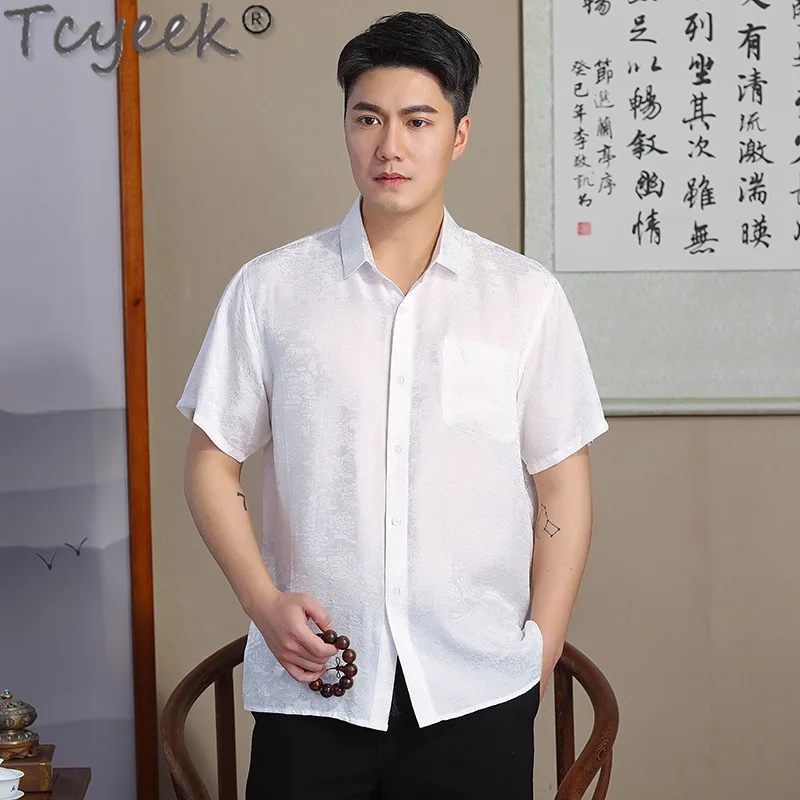 

Tcyeek 100% Mulberry Silk Mens Shirts Summer Clothes Business Causal Short Sleeve Top Thin White Shirt Men 2024 Chemise Homme