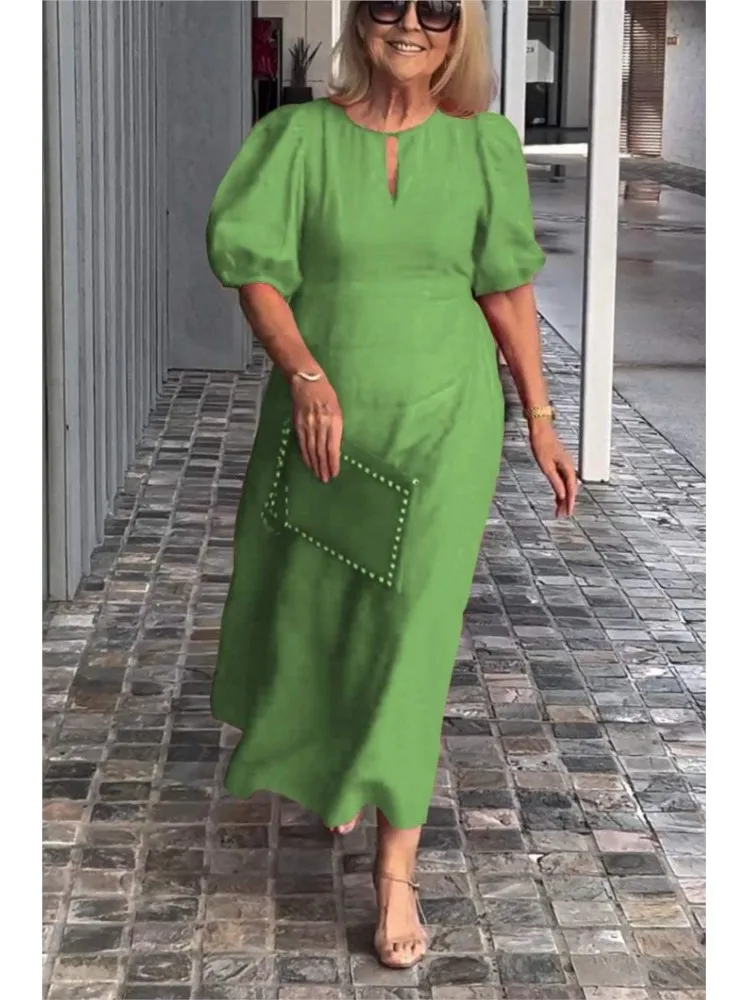 Casual Solid Color Cotton linen Puff Sleeve Long Dress For Women Summer Loose O Neck Elegant Party Dresses Ensemble Femme