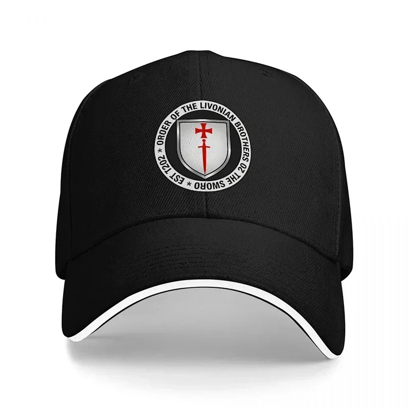 New Order of the Livonian Brothers of the Sword Baseball Cap Black with White Trim and Crest Logo Design