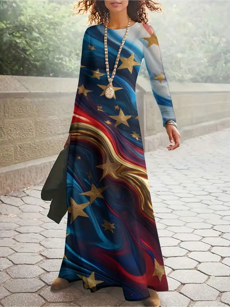

Womens Maxi Dress Blue Red Gold Star Swirl Print Round Neck Long Sleeve Floor Length Casual Gown