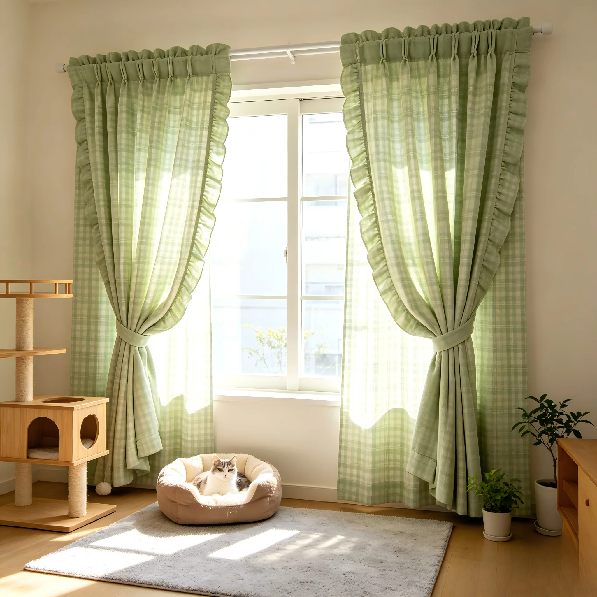 200051   Green Spring Grid Embroidered Curtains