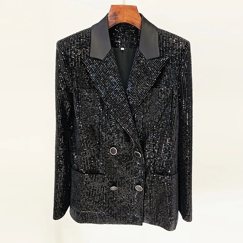HIGH STREET 2026 Newest Designer Fashion Runway Black Women's Slim Fit Glitter Sequined Velvet Jacket Office Formal Blazer&Pants