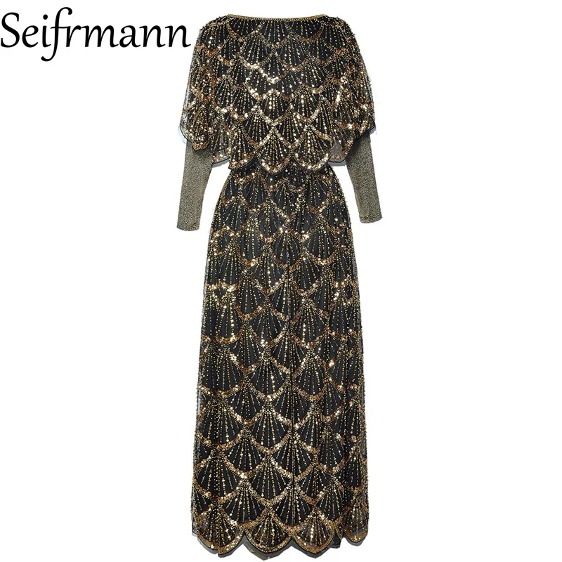 Seifrmann Pailletten-Nagelperlen-Umhang, langärmelig, elastische Taille, gefälschtes zweiteiliges Kleid, 2025, Herbst, neuer Artikel
