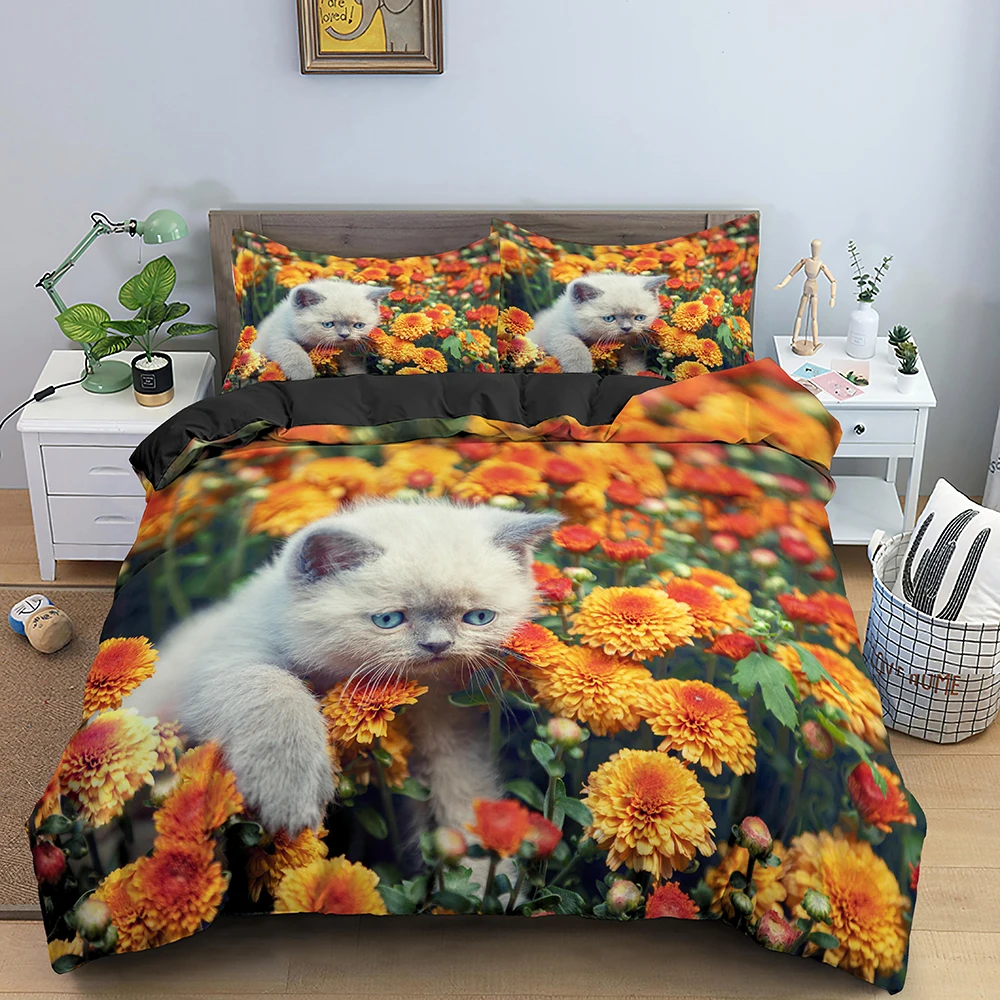 

Cat Flowers King Queen Duvet Cover 3D Pet Kitty Floral Bedding Set Teens Adult Yellow Chrysanthemum 2/3pcs Quilt Cover