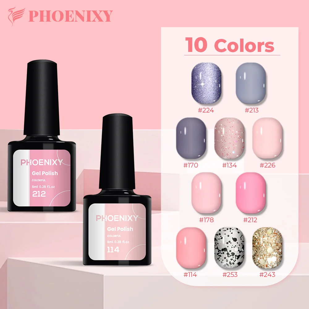 

PHOENIXY 10/12 PCS Gel Nail Polish Kit Semi Permanent Gel Varnish Spring Summer Pink White Colors Gel Polish Soak Off UV Gel Set