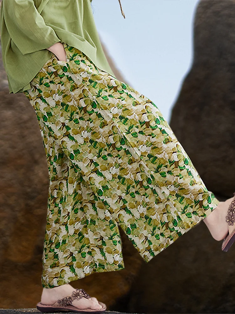 Retro Japońskie Szerokie Spodnie Damskie Casual Cienkie Kwiatowe Bawełniane Lniane Luźne Spodnie z Wysokim Stanem Do Pracy Letnie