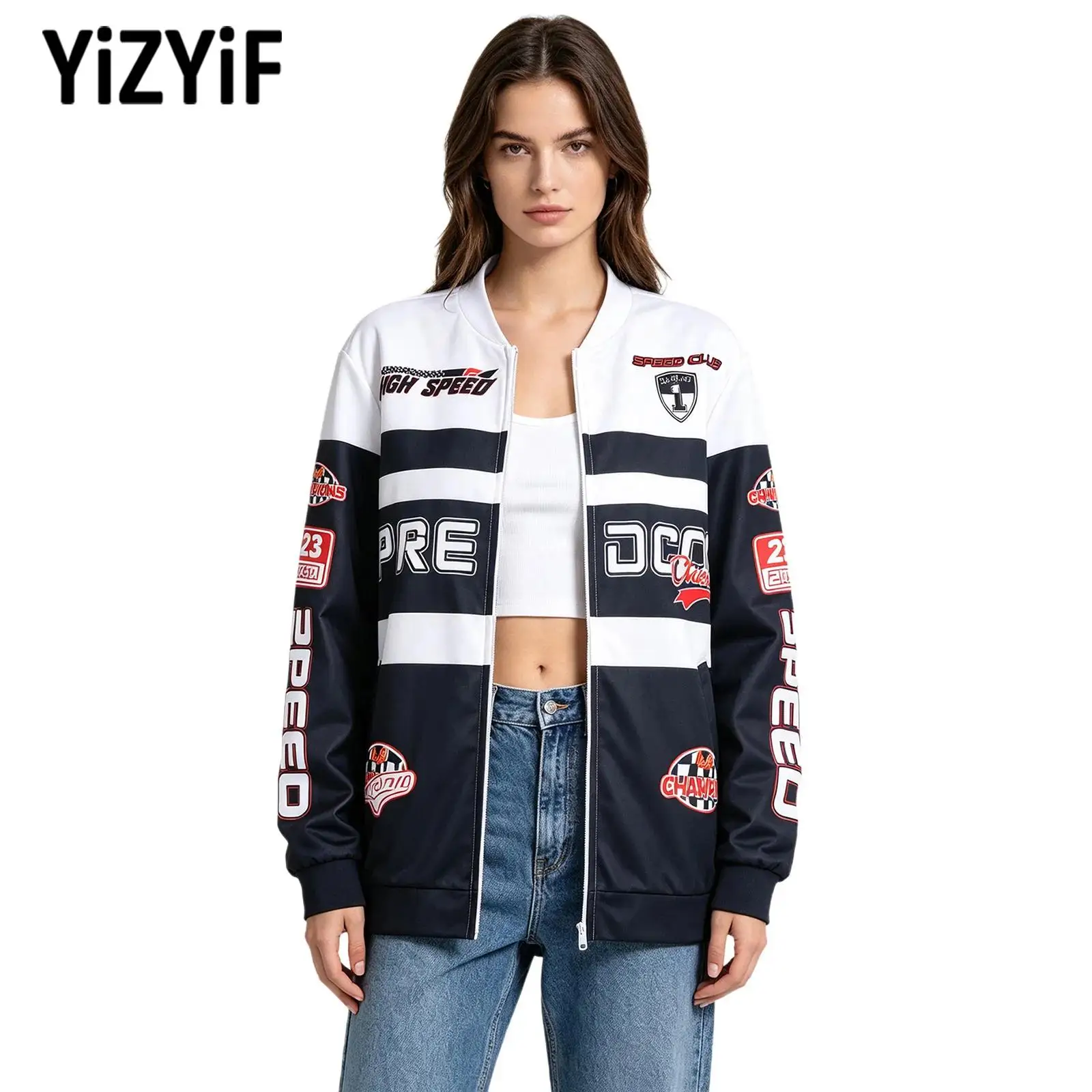 Women Color-blocked Baseball Jacket Sportswear Hip-hop Party Coat Long Sleeve Zip-up Letter Print Outerwear with Pockets Workout