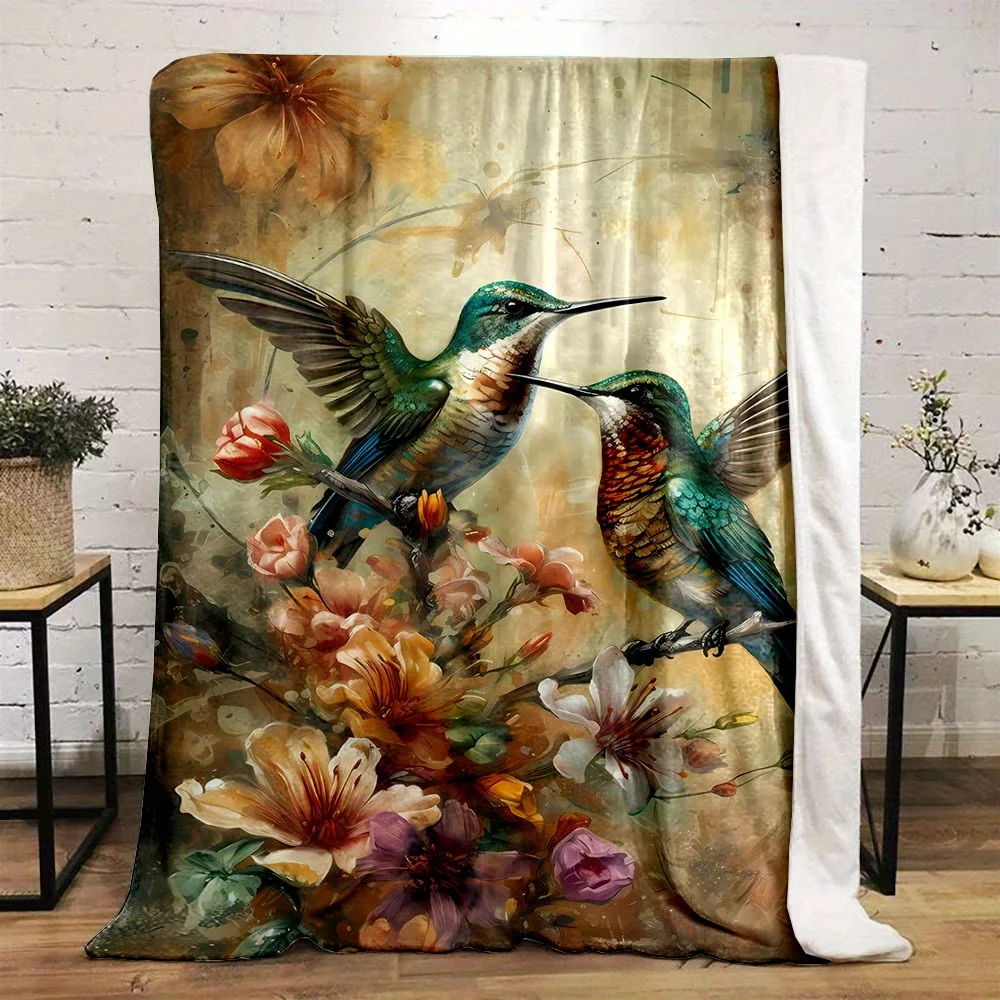 Cozy Hummingbird Floral Print Flannel Throw Blanket - Soft, Reversible, All-Season Comfort for Bed, Sofa, or Travel