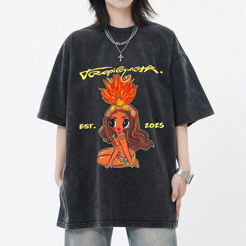 

Karol G Tropicoqueta 2025 Album Graphic Washed T-shirt Men Women Clothing Fashion Short Sleeve T-shirts Casual Cotton T shirts