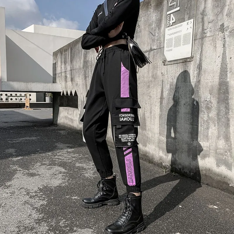 Women's Cargo Pants Buckle Ribbon Pocket Jogger Elastic Waist High Streetwear Harajuku Pant Punk Ring Chain Females Trousers