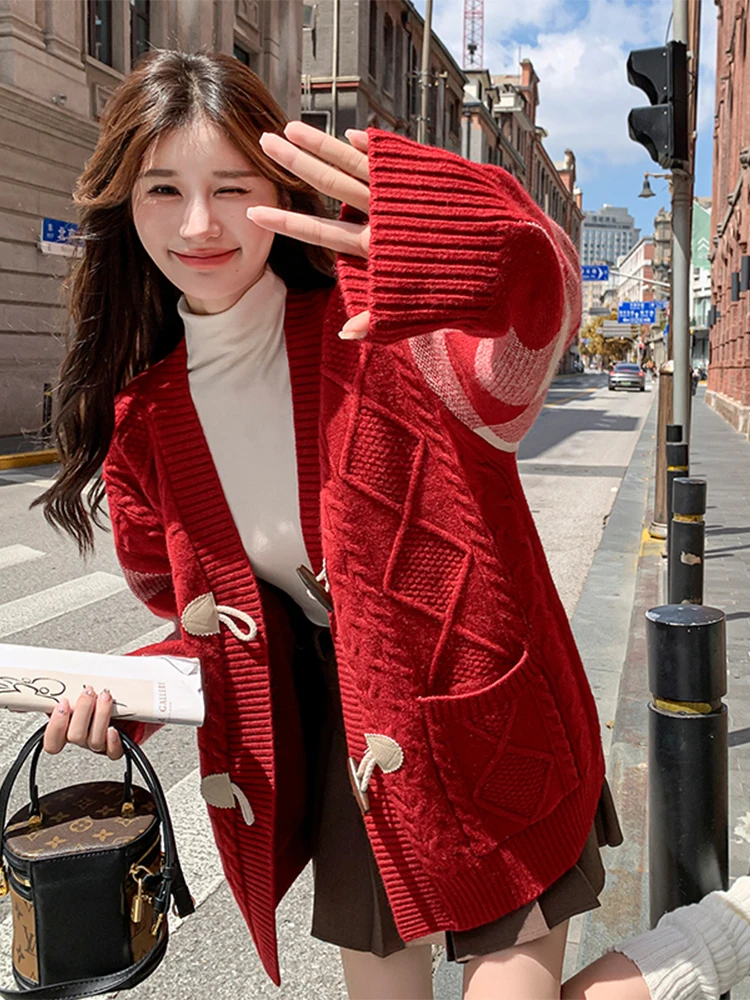 

Red Button-Up Knitted Sweater Coat Women's Spring 2025 Sweet Sle College Wind Long Sve ort Length Open Cardigan
