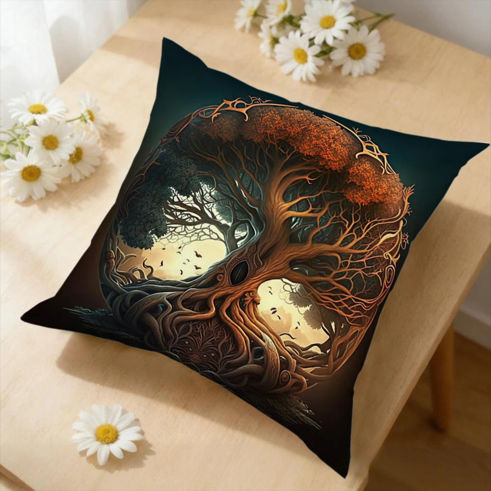1Pc Tree Of Life Yin Yang Cushion Cover Dark Teal Orange Artistic Print For Sofa Bed Living Room