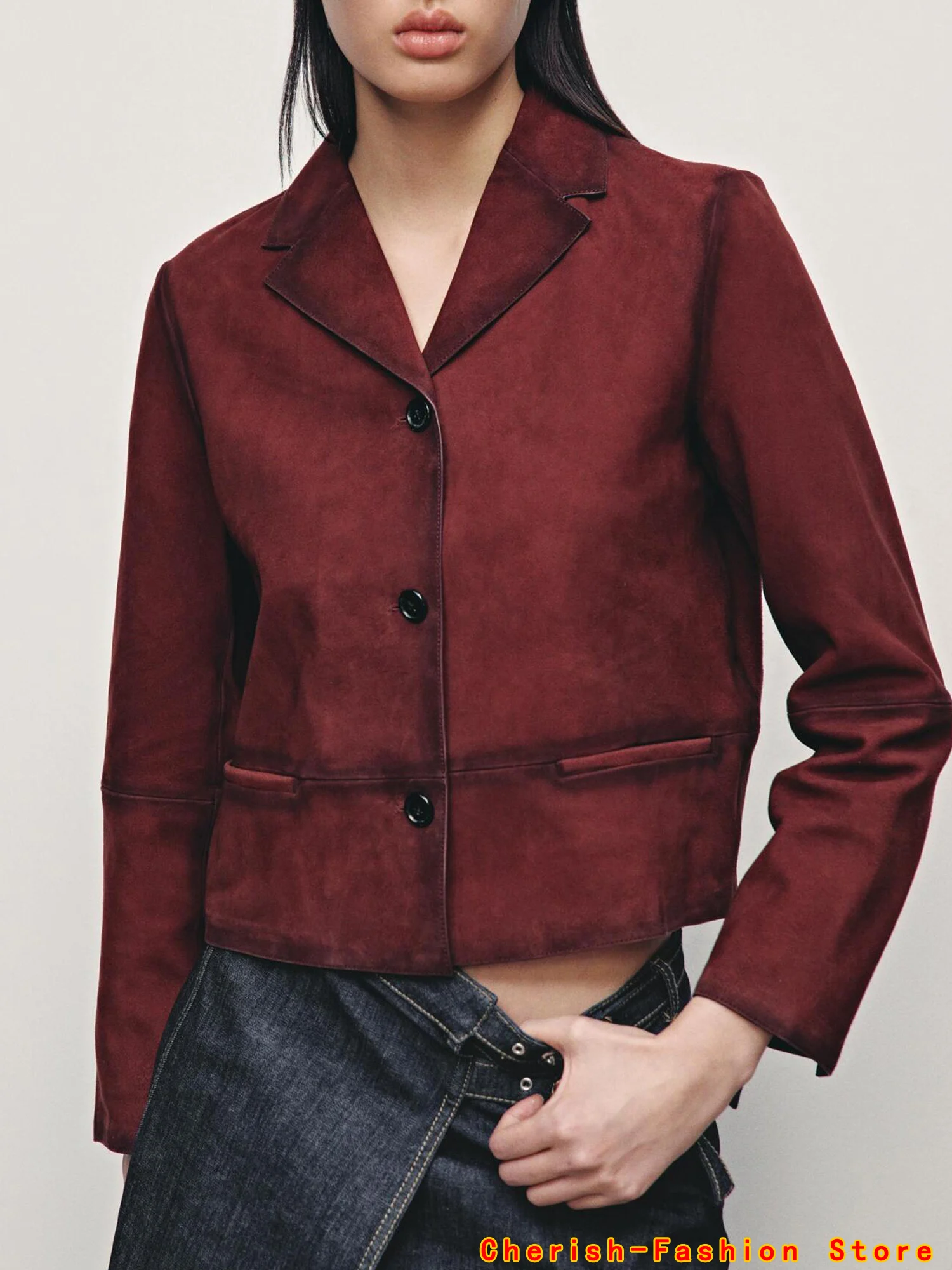 2025 Women's ort Outerwear Coat with Turn-down Collar Long Sve Single Button Versatile Autumn New Arrival Suede Short Jacket Red
