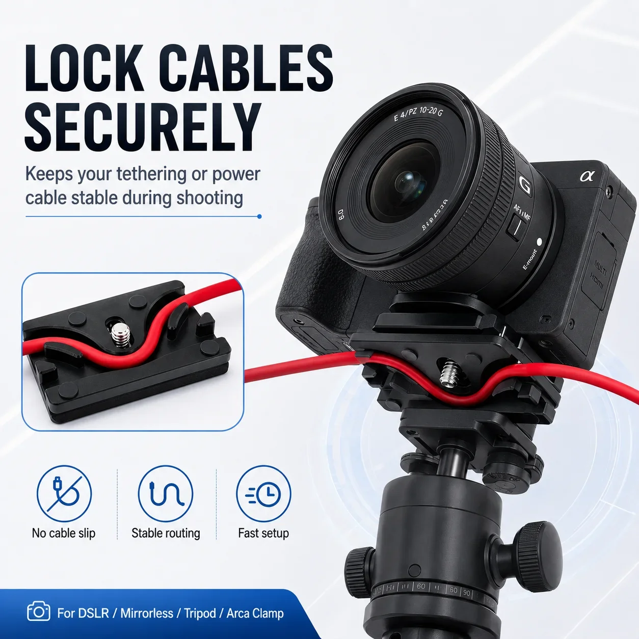 Camera Tether Cable Clamp Block Curve Tether with Arca Quick Release Plate Protector Tools for Camera SLR DSLR Tripod Ball Head