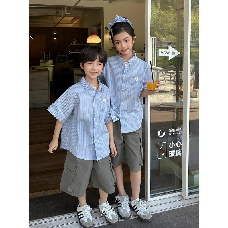2026 Summer Striped Shirt Family Matching 3P Japanese Cargo Style Short Sleeve Tops for Mom Dad Kids Casual Daily Outfits