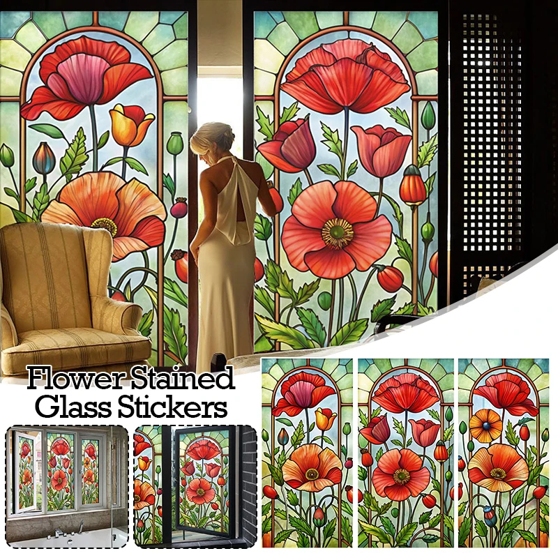 Retro Church Stained Glass Film Corn Poppy Flower Matte Self-Adhesive Privacy Window Film Living Room Bathroom Balcony Decor
