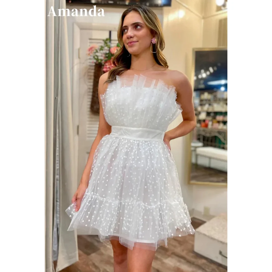 

Amanda White Summer vestidos de noche Princess Strapless Tulle A-line Prom Dresses Elegant Sleeveless Mini Formal Evening 2024