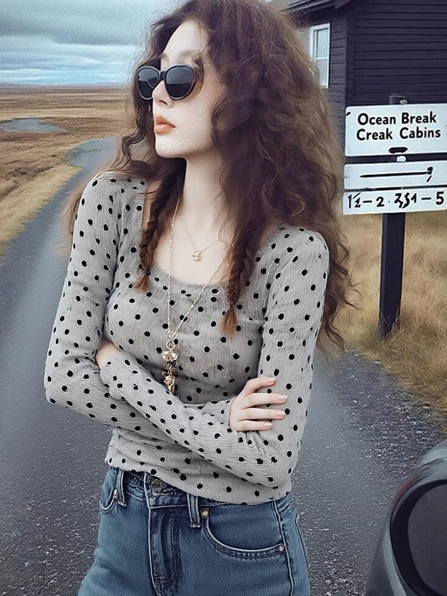 

Slimming Long Sleeve T-Shirt Fashionable Polka Dot Base Shirt Korean Style Commute Design Spring New Arrival Women's Silk Top