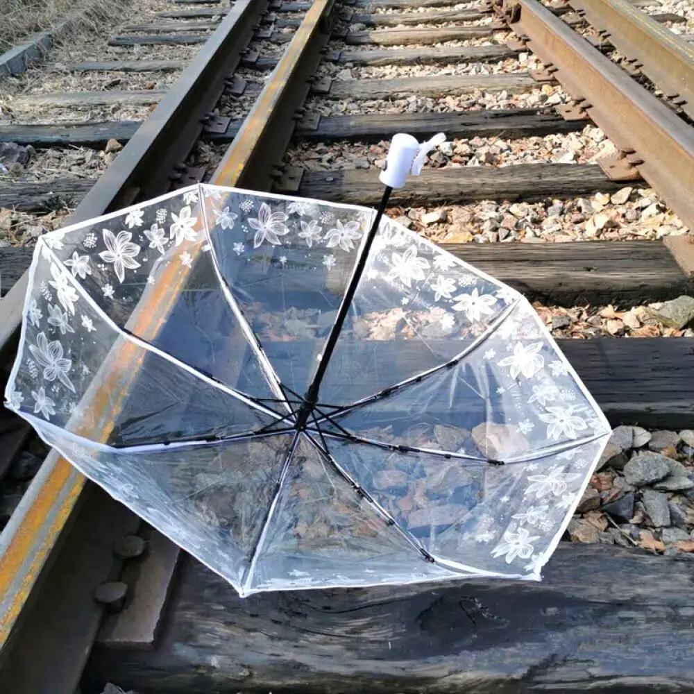 Transparent Umbrella Folding Goddess Flower Mori Student Automatic Transparent Umbrella Hot Sale