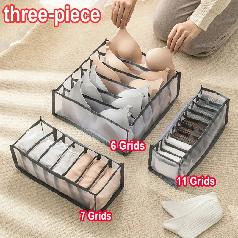 3pcs/set 6 Grid 7 Grid 11 Grid Underwear Storage Bag Drawer Style Thickened Storage Box Household Dormitory Mesh Socks Bra