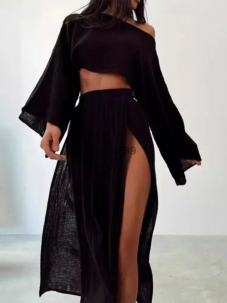 Women 2Pcs Set Casual Linen-Blend Cropped Top and High-Waisted Slit-Hemmed Suit Beach Bikini Coverup Lady Elegant Party Outfits