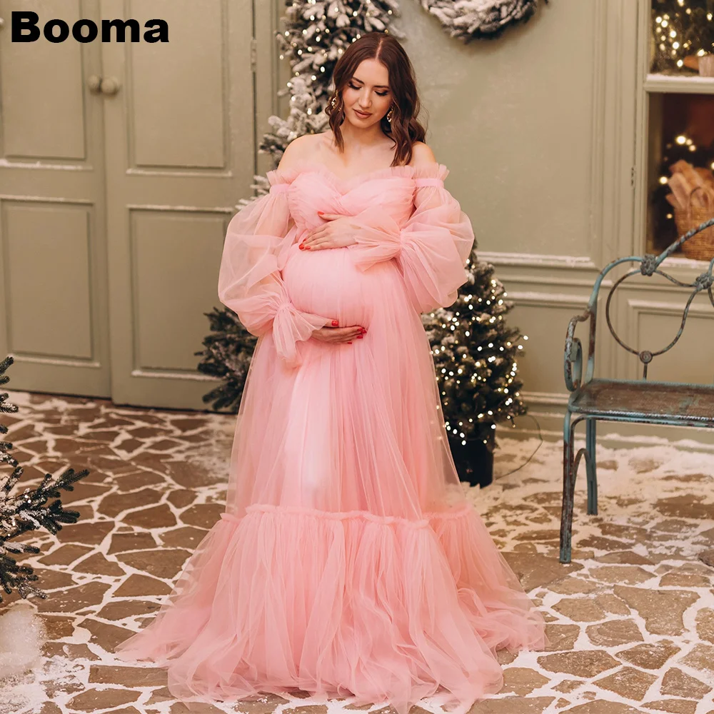 

Booma Pink Pregnant Women's Prom Dresses Off Shoulder Puff Sleeves Tulle Wedding Party Gowns Ruched Brides Evening Dresses Gala