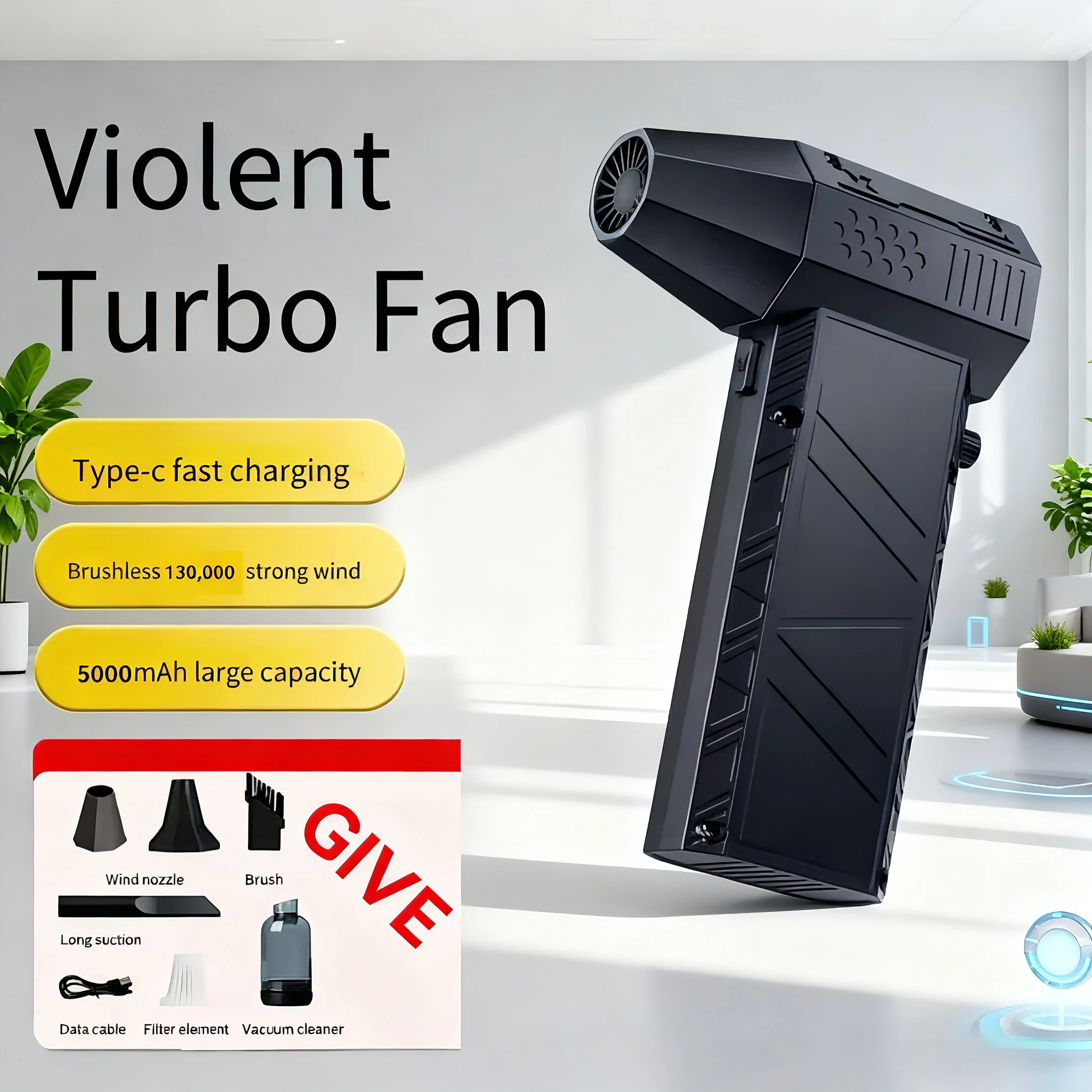 مروحة قوية X6 مع 200,000 دورة في الدقيقة، مزيل للغبار والثلج، قوة رياح قوية تبلغ 53 مترًا في الثانية، مجفف شعر توربيني بدون فرش.