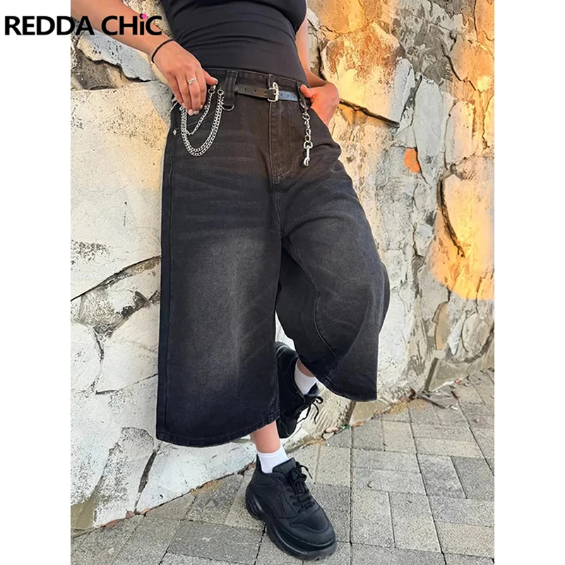 

REDDACHiC Black Jean Shorts for Women Skater Vintage Solid Wide Leg Low Waist Do Old Bermuda Denim Jorts Going Out Streetwear