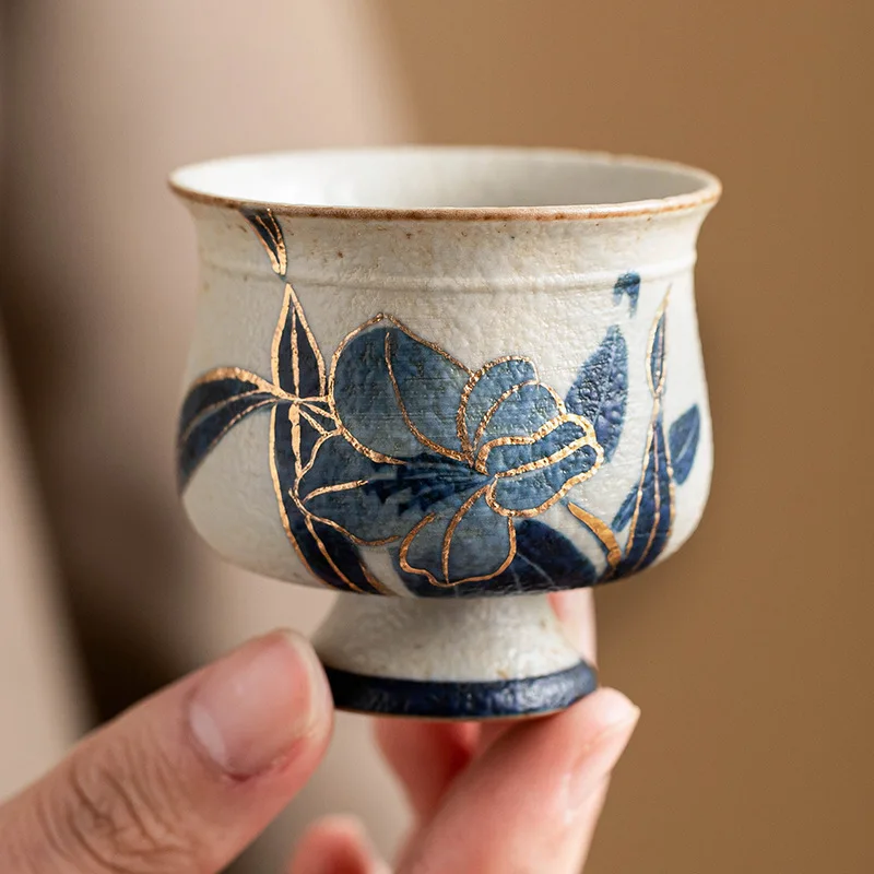 Hand Painted Blue White Flint Red Ceramic Master Cup with Gold Gilded Lily Design for Gongfu Tea Ceremony Home Decor Gift