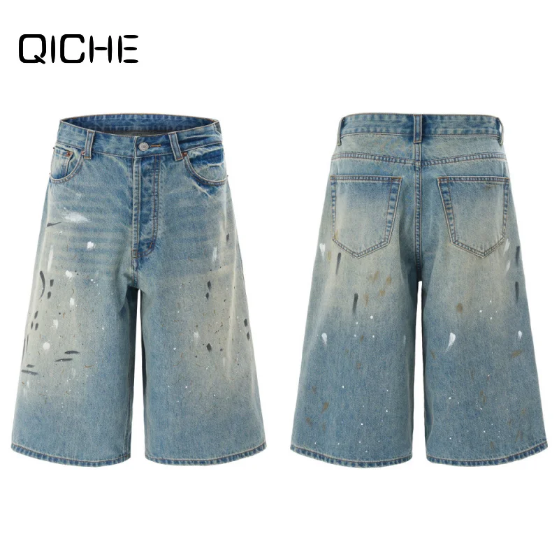 QICHE Mens Summer Casual Denim Cropped Pants American Retro Splash‑Ink Hand‑Painted Light‑Blue Loose Wide‑Leg Straight Trousers
