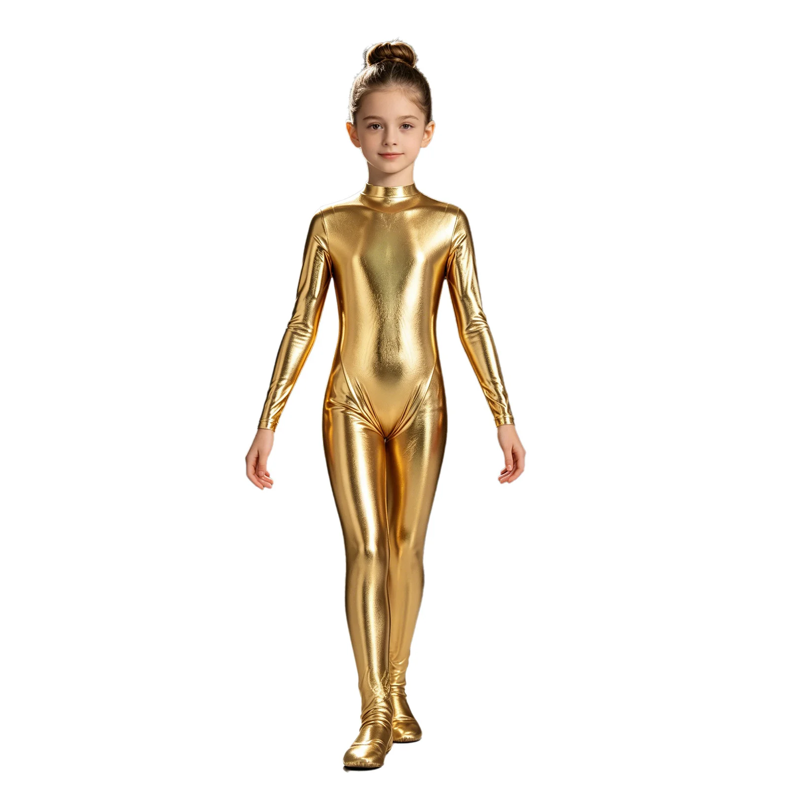 Girls Metallic Ballet Dance Gymnastics Leotard Halloween Alien Cosplay Outer Space Costume Long Sleeve Shiny Full Body Unitards