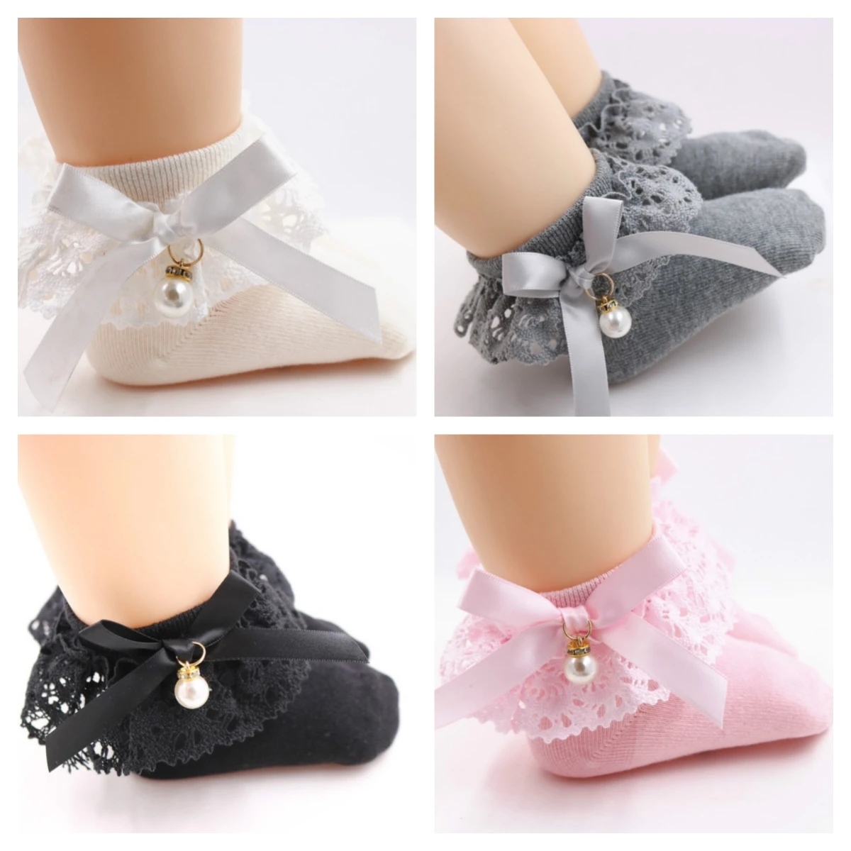 Kids Girls Lace Socks Baby Girl Ankle Princess Socks Pearl Bowknot Cotton Socks