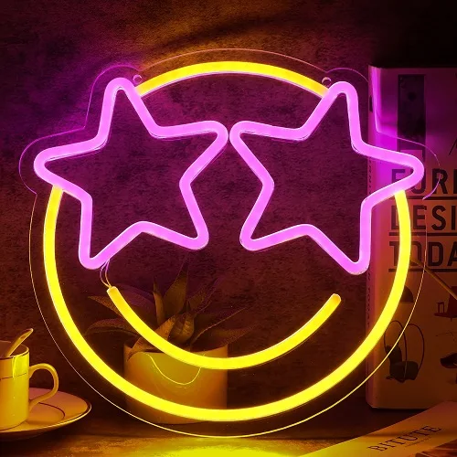 Smile Face Neon Sign LED Neon Light Wall Decor Smiley Face Light Up Signs USB Powered Yellow Neon Signs For Bedroom Pink