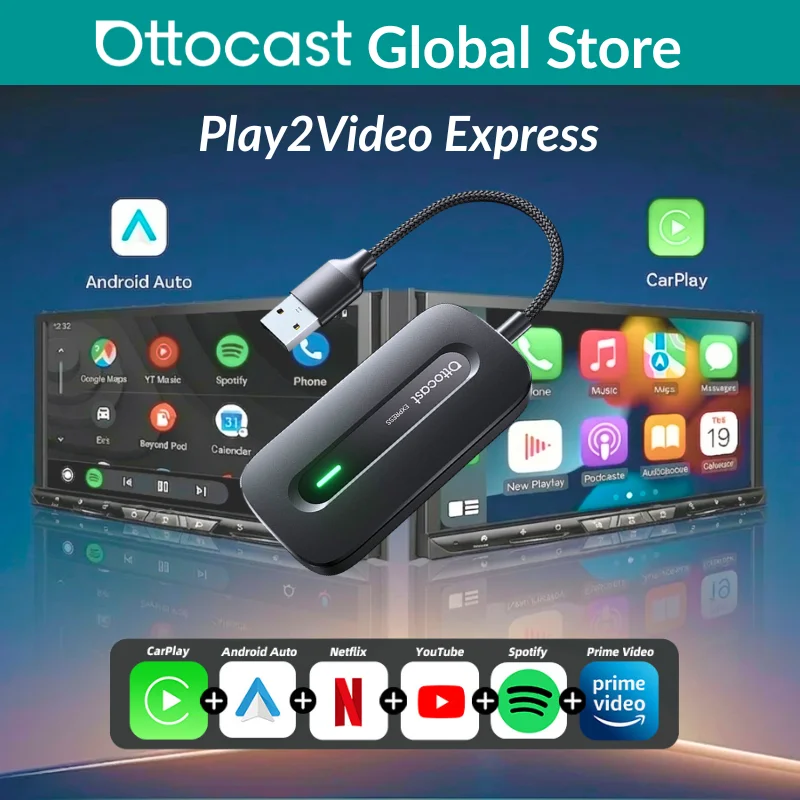 Ottocast Play2Video Express Android 12 AI Box Wireless CarPlay Android Auto Netflix YouTube Video Streaming Adapter For Audi Kia